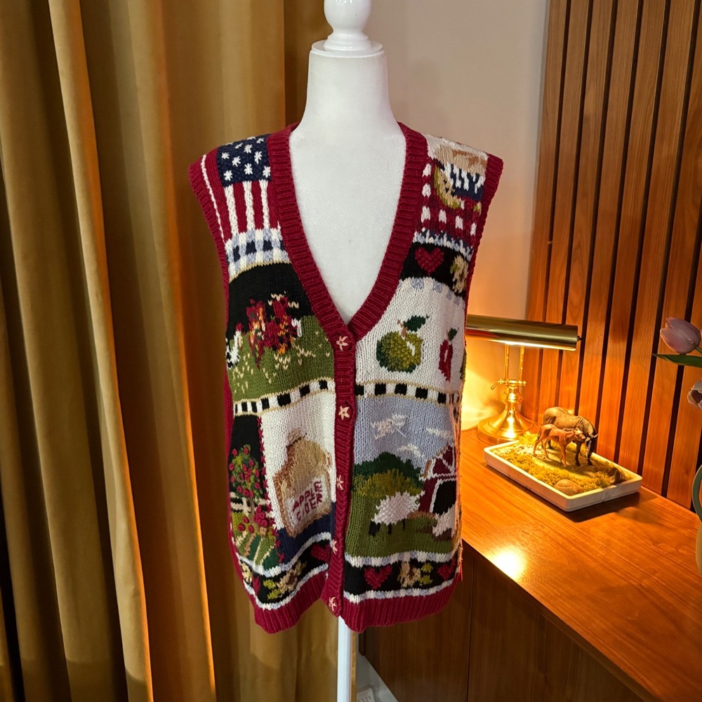 Vtg 90s The Avenue Novelty Farm Americana Knit Sweater Vest Red Plus 1X